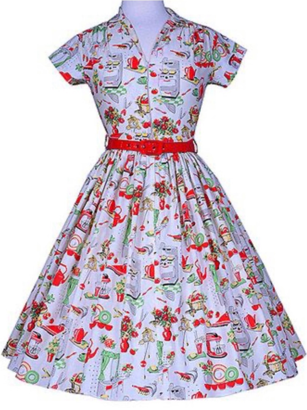 Bernie Dexter White Tea Dress with Red and Green Vintage Print